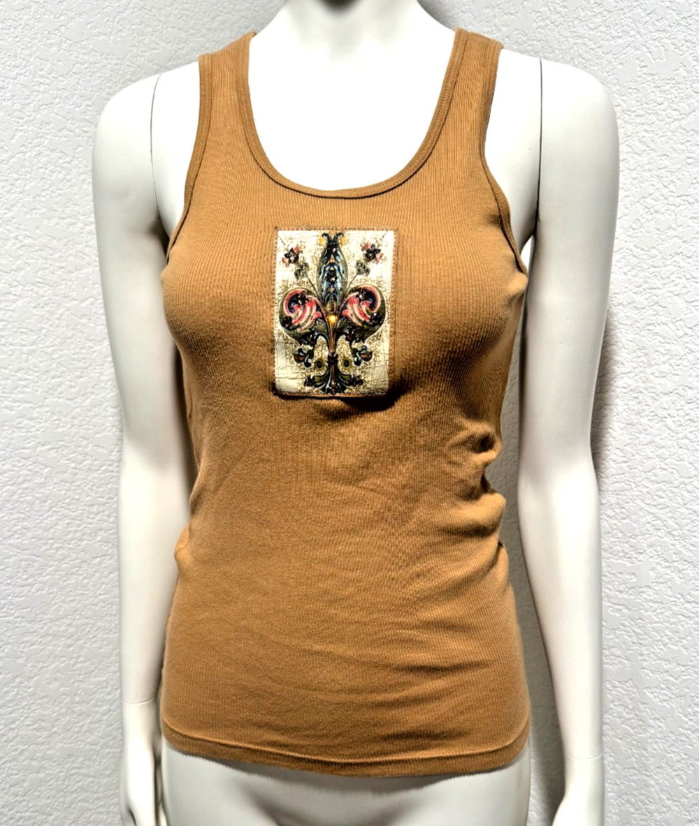Y2K Boho Rib Tank Top KBD Design Studio Tan Jeweled Handmade USA Sz S/M Applique